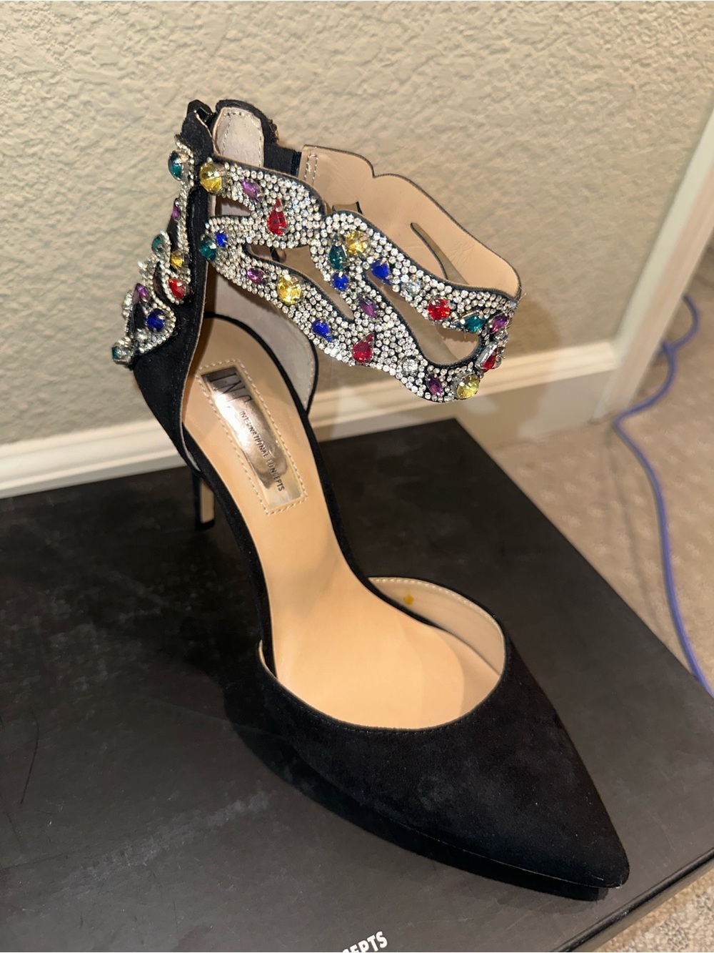 INC International Concepts Kallistaf Embellished Ankle Strap Heels Black US 8
